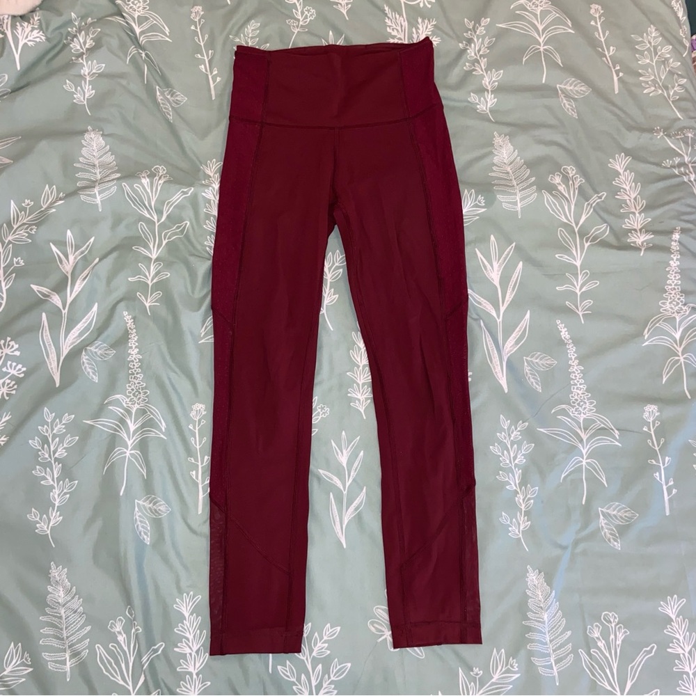 Lululemon Burgundy Leggings with Side Swiss Dot Mesh Panels | Size 4 (Small)